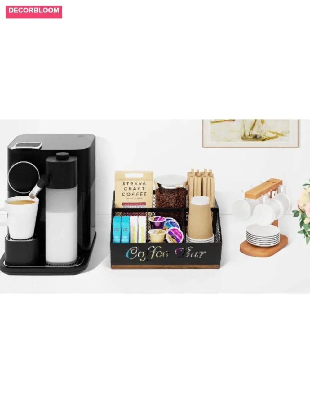 Coffee Station Organizer Countertop Wood & Metal Mesh Storage